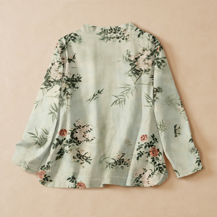 Buddha Stones Cotton Bamboo Blossom Print Hanfu Style Wrap V-Neck Lace-up Women's Long Sleeve Shirts Kimono - image 6
