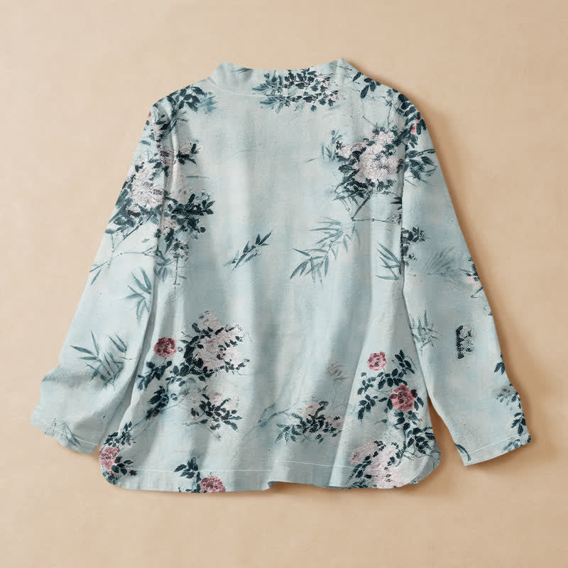 Buddha Stones Cotton Bamboo Blossom Print Hanfu Style Wrap V-Neck Lace-up Women's Long Sleeve Shirts Kimono - image 8