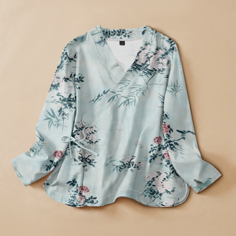 Buddha Stones Cotton Bamboo Blossom Print Hanfu Style Wrap V-Neck Lace-up Women's Long Sleeve Shirts Kimono - PaleTurquoise - US16，UK/AU20，EU48 (3XL) - image 7