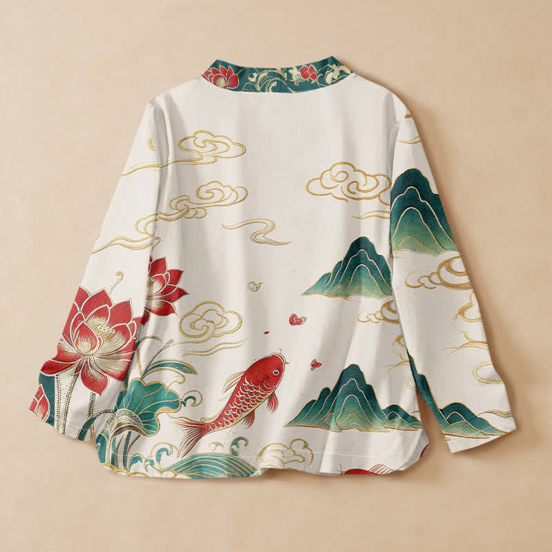 Buddha Stones Cotton Koi Lotus Cloud Pattern Wrap V-Neck Lace-up Women's Long Sleeve Shirts - image 1