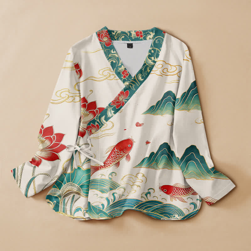Buddha Stones Cotton Koi Lotus Cloud Pattern Wrap V-Neck Lace-up Women's Long Sleeve Shirts Kimono - Ivory - US16，UK/AU20，EU48 (3XL) - image 0