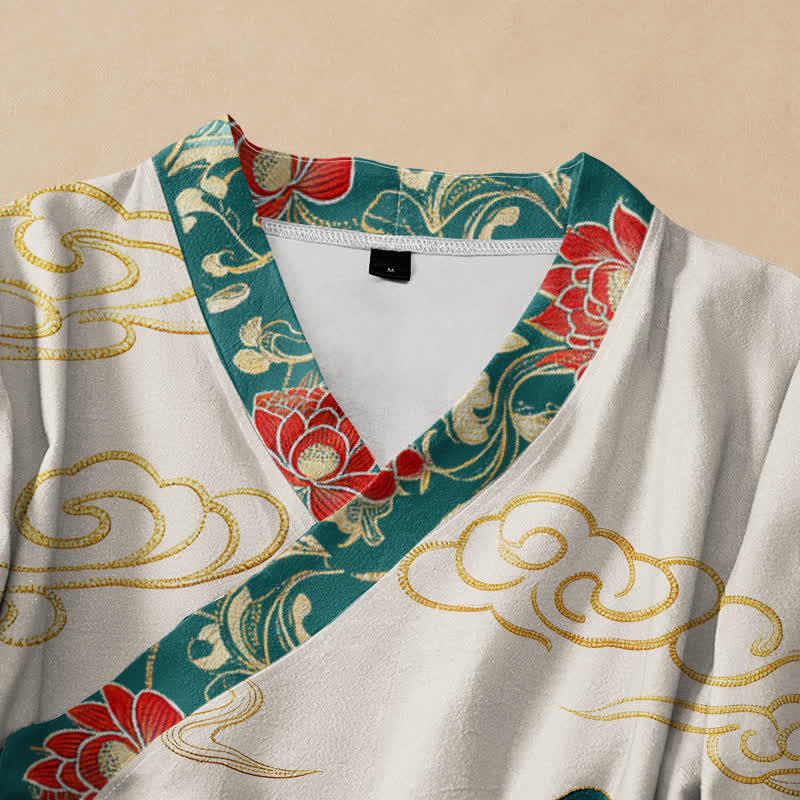 Buddha Stones Cotton Koi Lotus Cloud Pattern Wrap V-Neck Lace-up Women's Long Sleeve Shirts Kimono - image 2