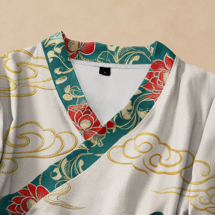 Buddha Stones Cotton Koi Lotus Cloud Pattern Wrap V-Neck Lace-up Women's Long Sleeve Shirts Kimono - image 2