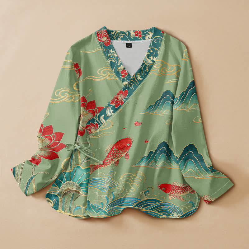 Buddha Stones Cotton Koi Lotus Cloud Pattern Wrap V-Neck Lace-up Women's Long Sleeve Shirts - LightGreen - US16，UK/AU20，EU48 (3XL) - image 5