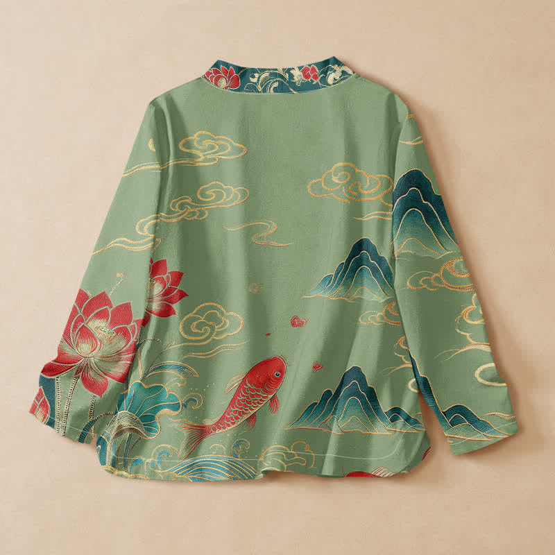 Buddha Stones Cotton Koi Lotus Cloud Pattern Wrap V-Neck Lace-up Women's Long Sleeve Shirts Kimono - image 6