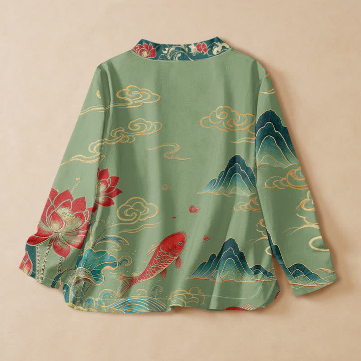 Buddha Stones Cotton Koi Lotus Cloud Pattern Wrap V-Neck Lace-up Women's Long Sleeve Shirts Kimono - image 6