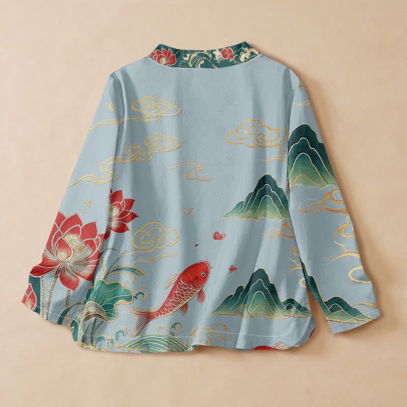 Buddha Stones Cotton Koi Lotus Cloud Pattern Wrap V-Neck Lace-up Women's Long Sleeve Shirts - image 8