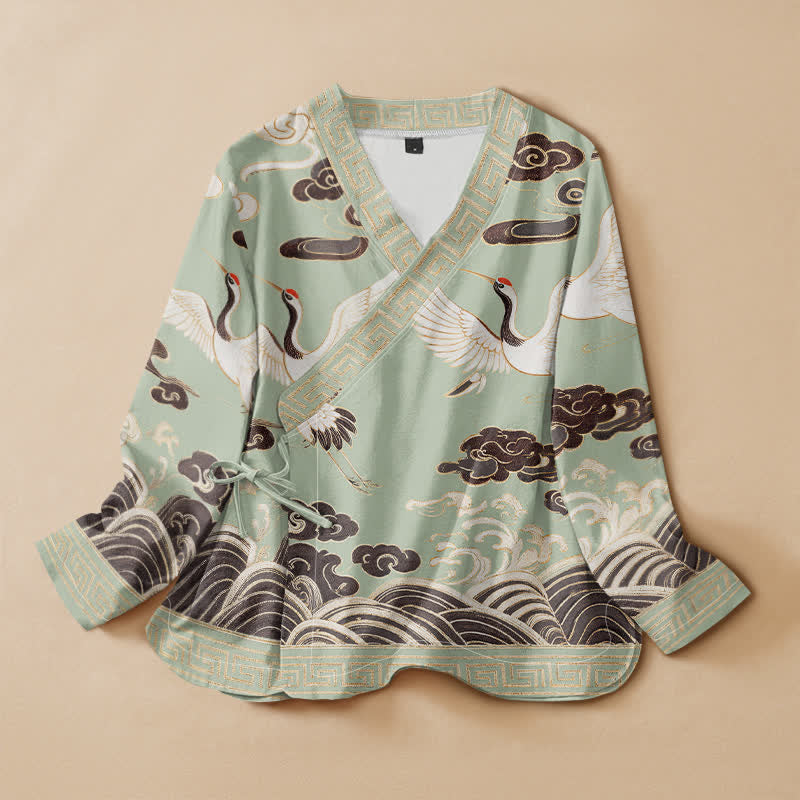 Buddha Stones Cotton Crane Cloud Wave Print Hanfu Style Wrap V-Neck Lace-up Women's Long Sleeve Shirts - PaleGreen - US16，UK/AU20，EU48 (3XL) - image 0