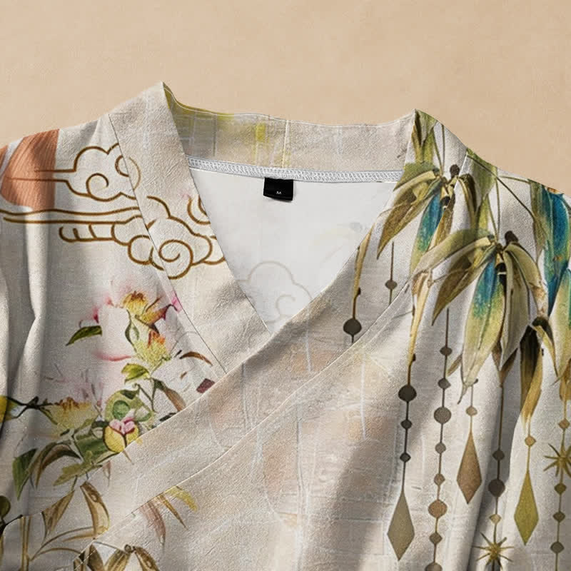 Buddha Stones Cotton Cloud Leaf Tassel Print Hanfu Style Wrap V-Neck Lace-up Women's Long Sleeve Shirts - image 2
