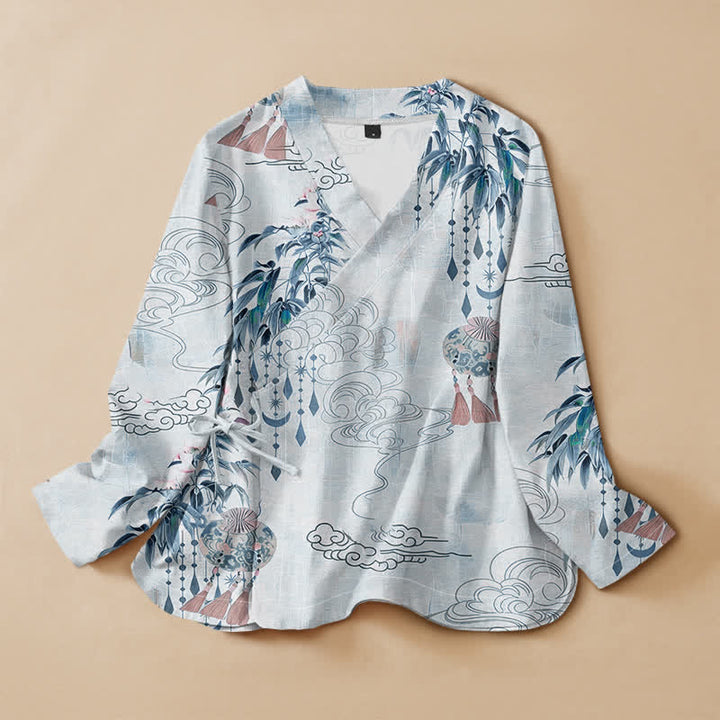 Buddha Stones Cotton Cloud Leaf Tassel Print Hanfu Style Wrap V-Neck Lace-up Women's Long Sleeve Shirts - AliceBlue - US16，UK/AU20，EU48 (3XL) - image 5