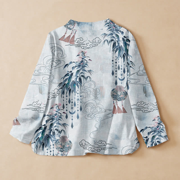 Buddha Stones Cotton Cloud Leaf Tassel Print Hanfu Style Wrap V-Neck Lace-up Women's Long Sleeve Shirts - image 6