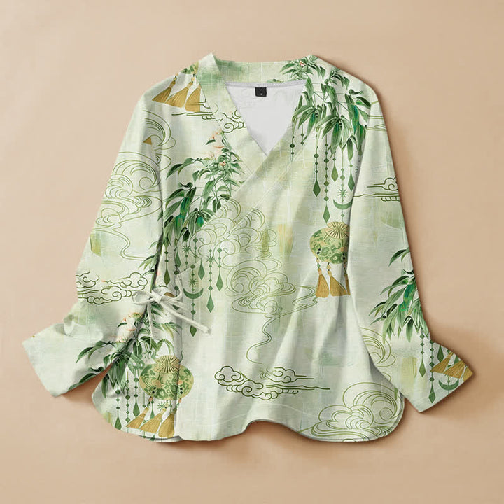 Buddha Stones Cotton Cloud Leaf Tassel Print Hanfu Style Wrap V-Neck Lace-up Women's Long Sleeve Shirts - Honeydew - US16，UK/AU20，EU48 (3XL) - image 7