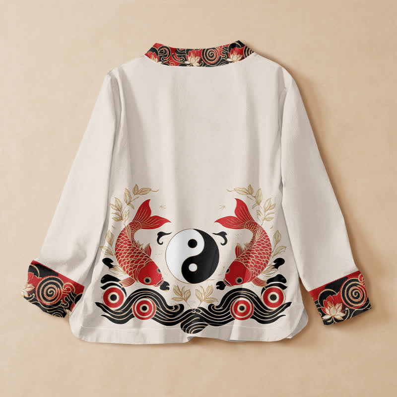 Buddha Stones Cotton Koi Fish Yin Yang Lotus Print Hanfu Style Wrap V-Neck Lace-up Women's Long Sleeve Shirts - image 1