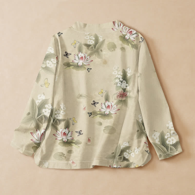 Buddha Stones Cotton Lotus Leaf Butterfly Print Hanfu Style Wrap V-Neck Lace-up Women's Long Sleeve Shirts Kimono - image 1