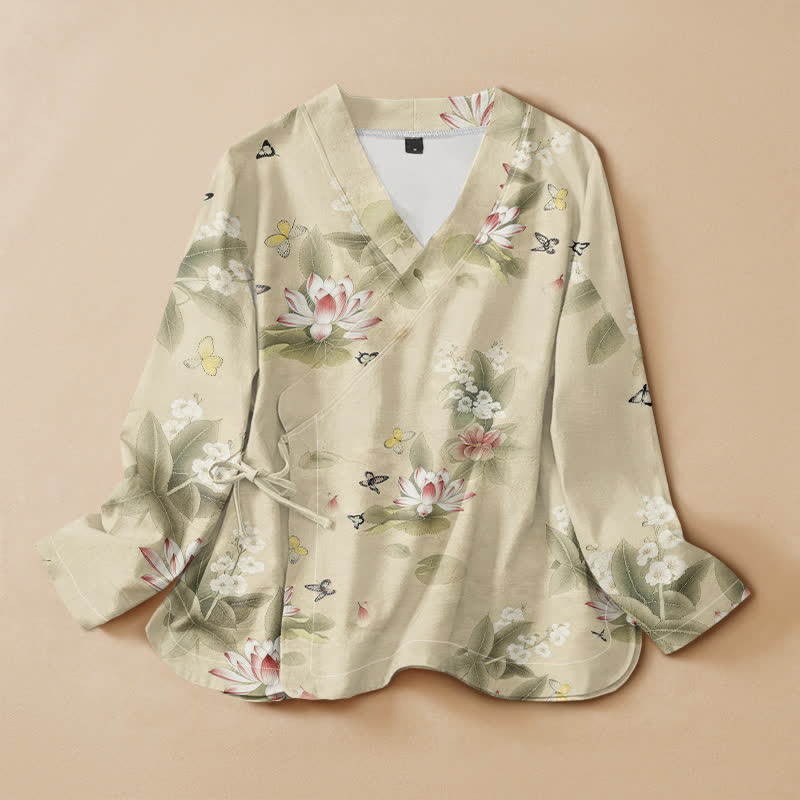 Buddha Stones Cotton Lotus Leaf Butterfly Print Hanfu Style Wrap V-Neck Lace-up Women's Long Sleeve Shirts Kimono - LightGoldenrodYellow - US16，UK/AU20，EU48 (3XL) - image 0