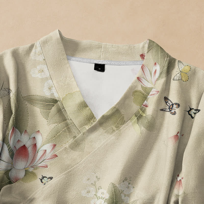 Buddha Stones Cotton Lotus Leaf Butterfly Print Hanfu Style Wrap V-Neck Lace-up Women's Long Sleeve Shirts Kimono - image 2