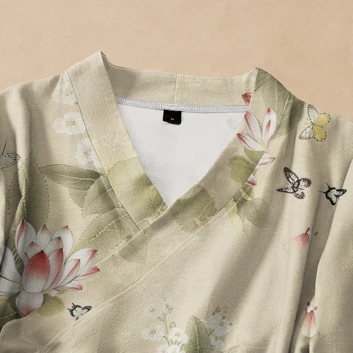 Buddha Stones Cotton Lotus Leaf Butterfly Print Hanfu Style Wrap V-Neck Lace-up Women's Long Sleeve Shirts Kimono - image 2