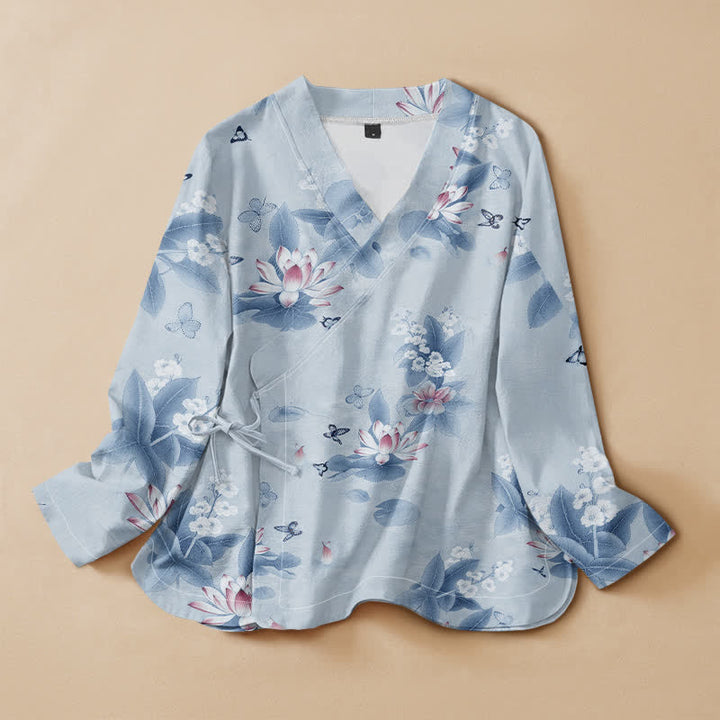 Buddha Stones Cotton Lotus Leaf Butterfly Print Hanfu Style Wrap V-Neck Lace-up Women's Long Sleeve Shirts Kimono - LightSkyBlue - US16，UK/AU20，EU48 (3XL) - image 5