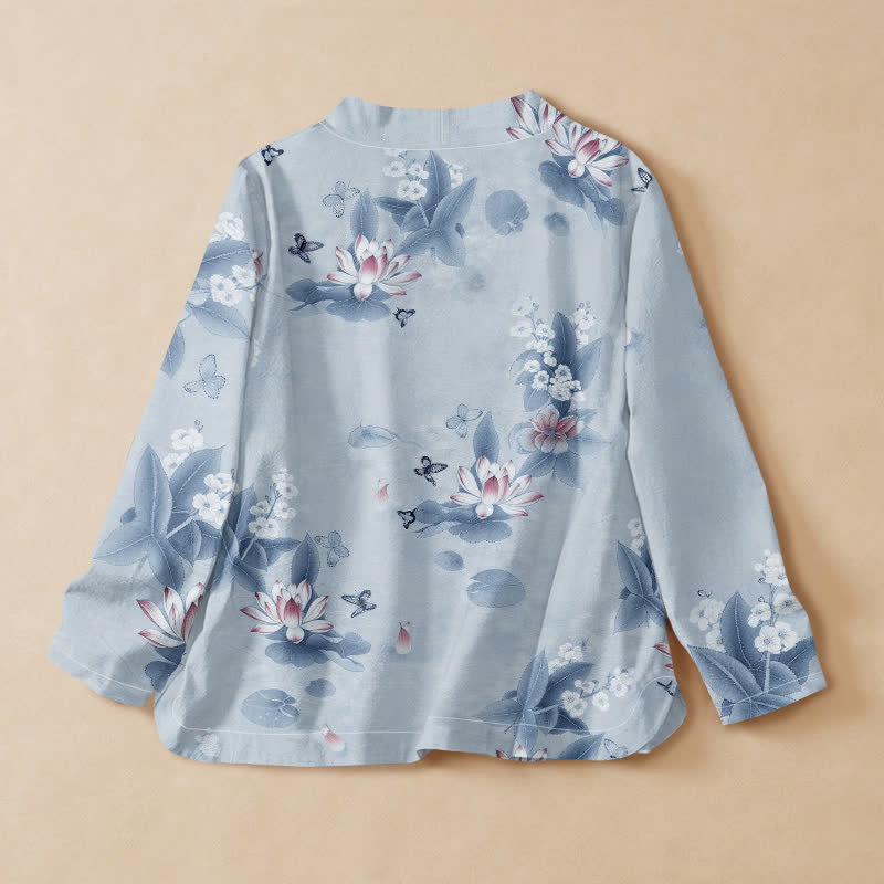 Buddha Stones Cotton Lotus Leaf Butterfly Print Hanfu Style Wrap V-Neck Lace-up Women's Long Sleeve Shirts Kimono - image 6