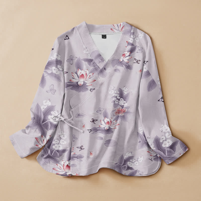 Buddha Stones Cotton Lotus Leaf Butterfly Print Hanfu Style Wrap V-Neck Lace-up Women's Long Sleeve Shirts Kimono - Lavender - US16，UK/AU20，EU48 (3XL) - image 7