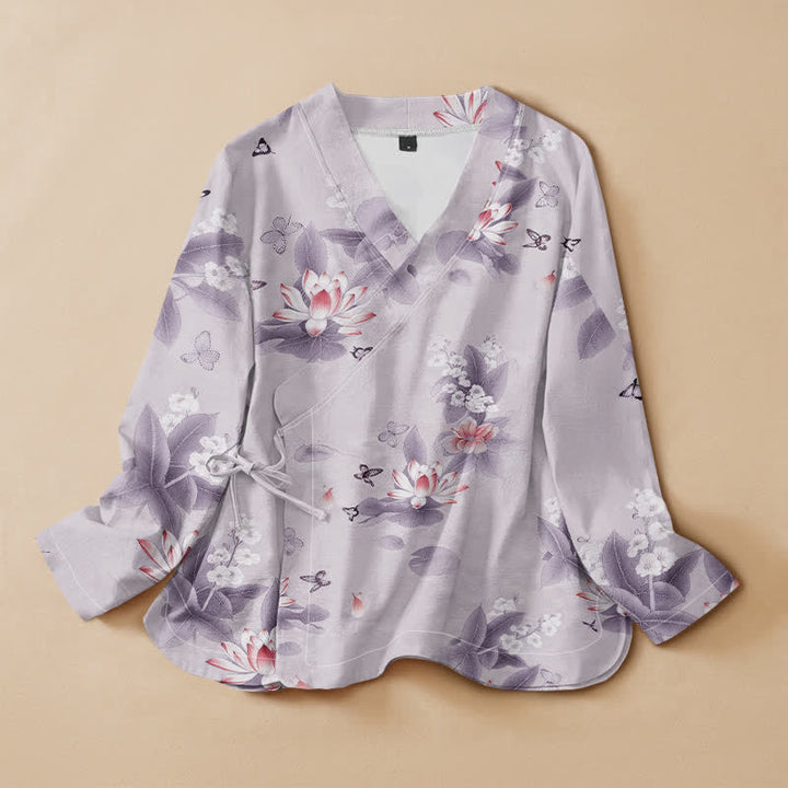 Buddha Stones Cotton Lotus Leaf Butterfly Print Hanfu Style Wrap V-Neck Lace-up Women's Long Sleeve Shirts Kimono - Lavender - US16，UK/AU20，EU48 (3XL) - image 7