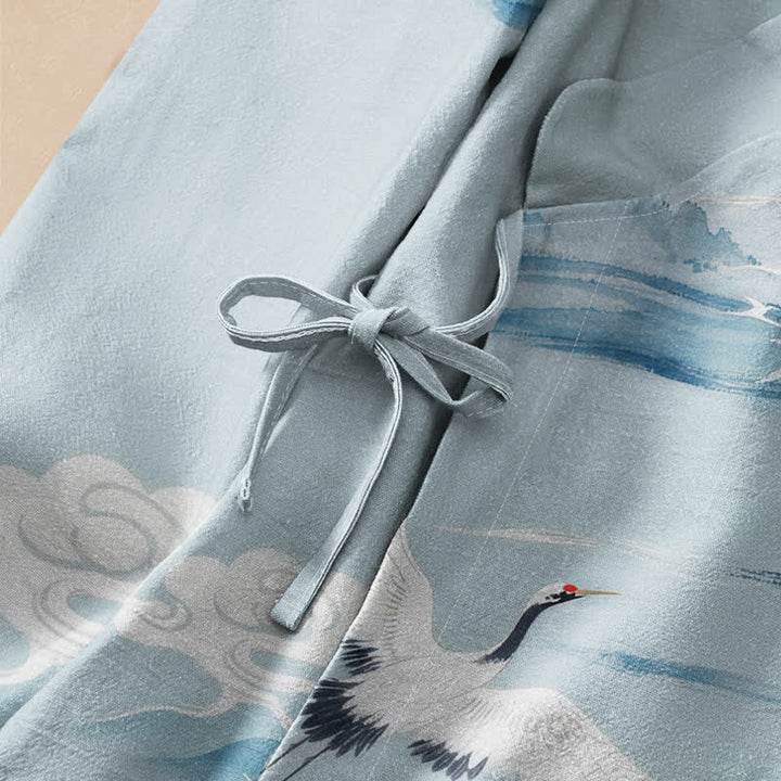 Buddha Stones Cotton Flying Crane Clouds Pattern Wrap V-Neck Lace-up Women's Long Sleeve Shirts Kimono - image 3