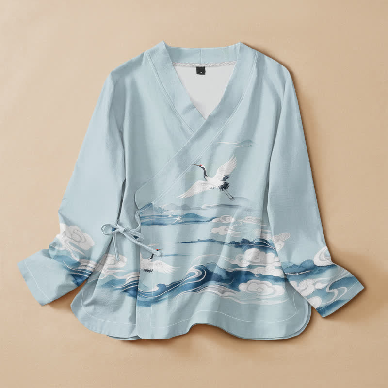 Buddha Stones Cotton Flying Crane Clouds Pattern Wrap V-Neck Lace-up Women's Long Sleeve Shirts - PowderBlue - US16，UK/AU20，EU48 (3XL) - image 0