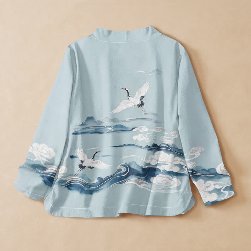 Buddha Stones Cotton Flying Crane Clouds Pattern Wrap V-Neck Lace-up Women's Long Sleeve Shirts - image 1