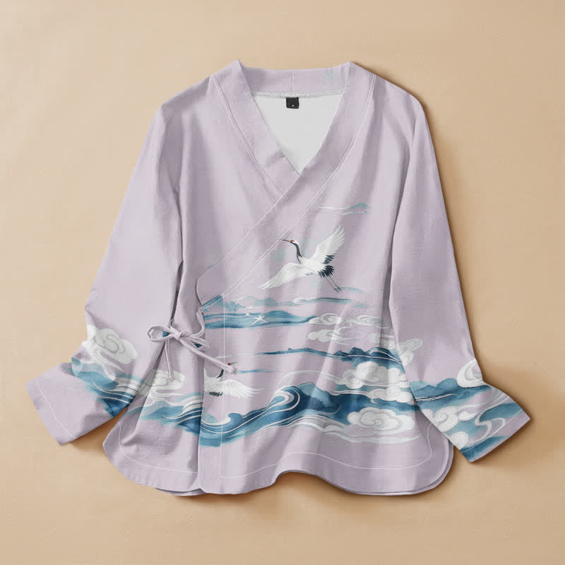 Buddha Stones Cotton Flying Crane Clouds Pattern Wrap V-Neck Lace-up Women's Long Sleeve Shirts Kimono - Lavender - US16，UK/AU20，EU48 (3XL) - image 5
