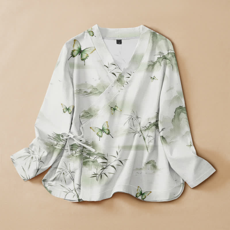 Buddha Stones Cotton Bamboo Butterfly Print Hanfu Style Wrap V-Neck Lace-up Women's Long Sleeve Shirts Kimono - DarkSeaGreen - US16，UK/AU20，EU48 (3XL) - image 0