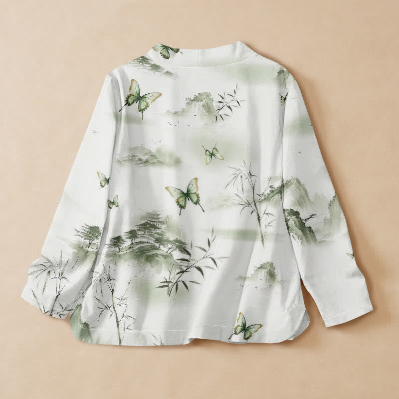 Buddha Stones Cotton Bamboo Butterfly Print Hanfu Style Wrap V-Neck Lace-up Women's Long Sleeve Shirts Kimono - image 1