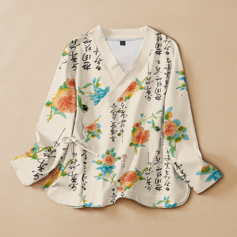 Buddha Stones Cotton Floral Calligraphy Print Hanfu Style Wrap V-Neck Lace-up Women's Long Sleeve Shirts - Ivory - US16，UK/AU20，EU48 (3XL) - image 0