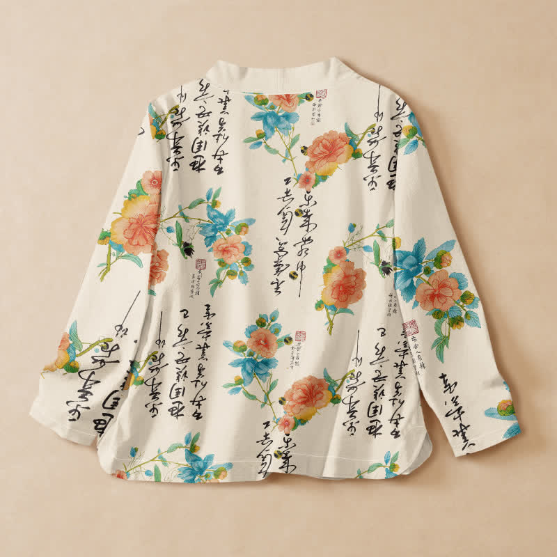 Buddha Stones Cotton Floral Calligraphy Print Hanfu Style Wrap V-Neck Lace-up Women's Long Sleeve Shirts Kimono - image 1