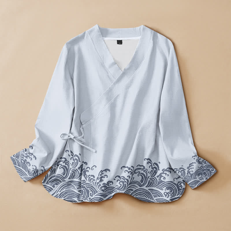 Buddha Stones Cotton Ocean Wave Print Hanfu Style Wrap V-Neck Lace-up Women's Long Sleeve Shirts - LightBlue - US16，UK/AU20，EU48 (3XL) - image 0