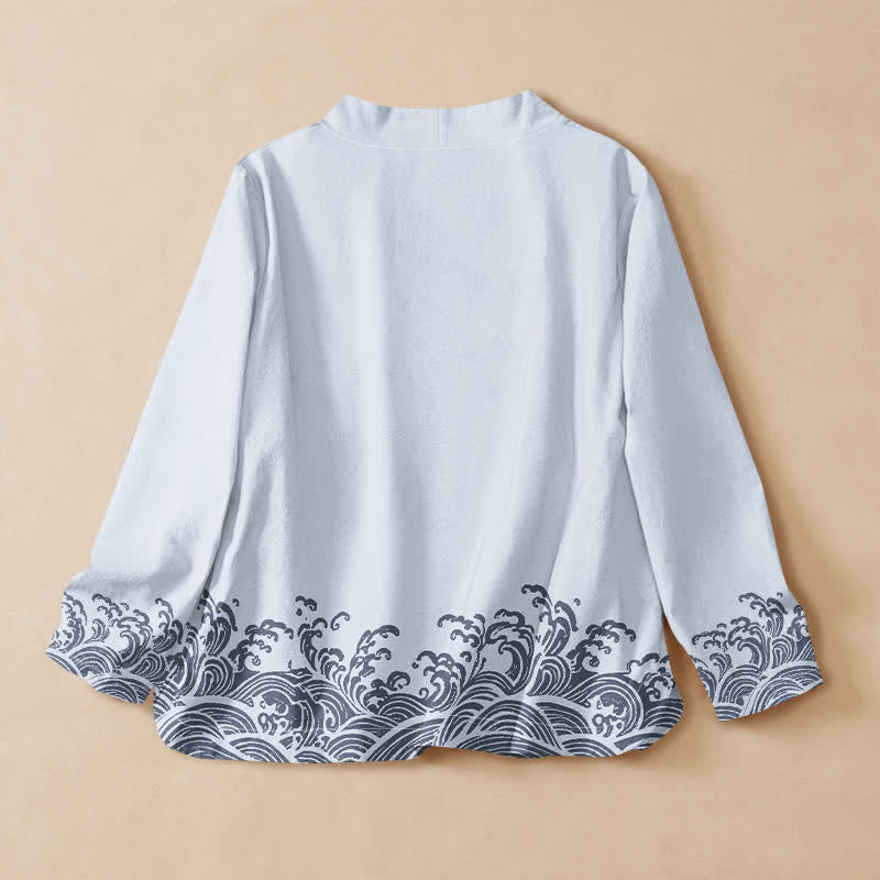 Buddha Stones Cotton Ocean Wave Print Hanfu Style Wrap V-Neck Lace-up Women's Long Sleeve Shirts Kimono - image 1
