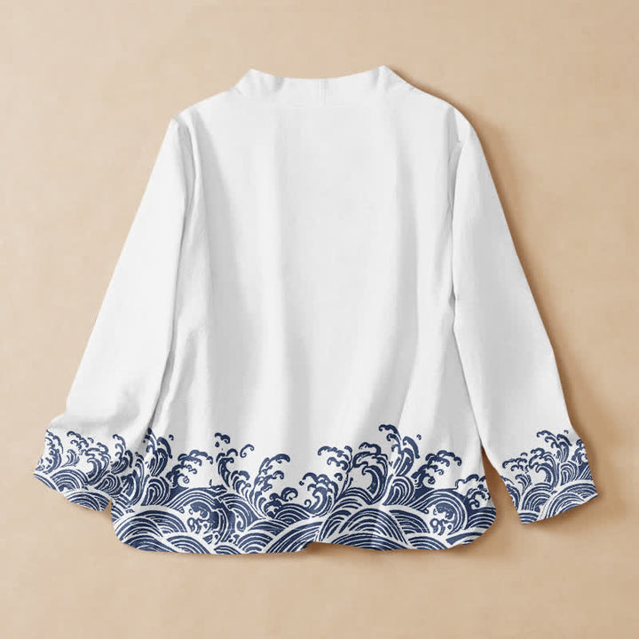 Buddha Stones Cotton Ocean Wave Print Hanfu Style Wrap V-Neck Lace-up Women's Long Sleeve Shirts Kimono - image 6