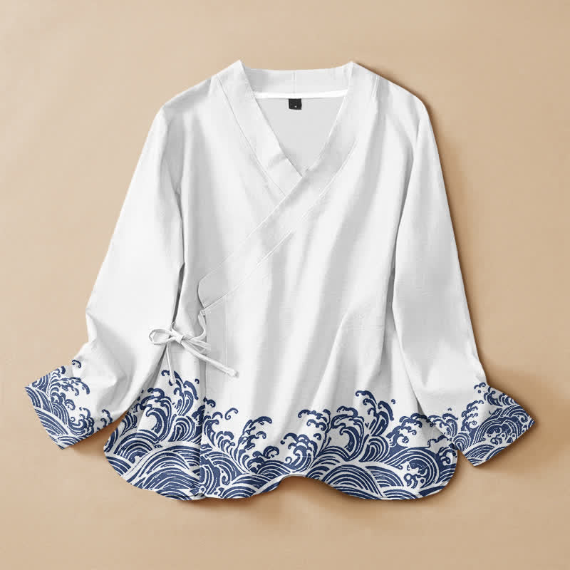 Buddha Stones Cotton Ocean Wave Print Hanfu Style Wrap V-Neck Lace-up Women's Long Sleeve Shirts Kimono - FloralWhite - US16，UK/AU20，EU48 (3XL) - image 5