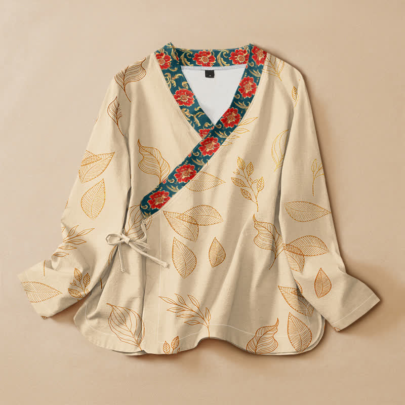 Buddha Stones Cotton Golden Leaf Red Flower Print Hanfu Style Wrap V-Neck Lace-up Women's Long Sleeve Shirts - Linen - US16，UK/AU20，EU48 (3XL) - image 0