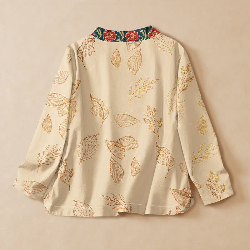 Buddha Stones Cotton Golden Leaf Red Flower Print Hanfu Style Wrap V-Neck Lace-up Women's Long Sleeve Shirts Kimono - image 1