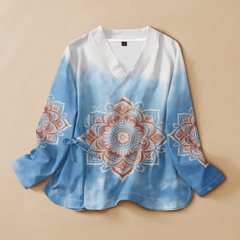 Buddha Stones Cotton Boho Mandala Print Hanfu Style Wrap V-Neck Lace-up Women's Long Sleeve Shirts Kimono - SkyBlue - US16，UK/AU20，EU48 (3XL) - image 0