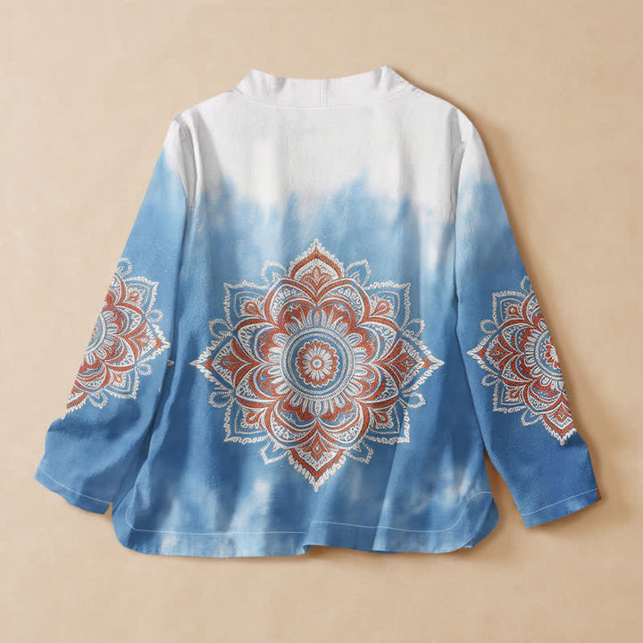 Buddha Stones Cotton Boho Mandala Print Hanfu Style Wrap V-Neck Lace-up Women's Long Sleeve Shirts Kimono - image 1