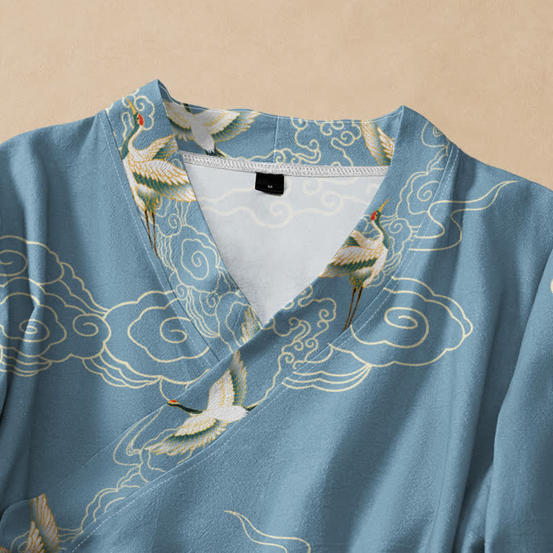 Buddha Stones Cotton Crane Auspicious Cloud Print Wrap V-Neck Lace-up Women's Long Sleeve Shirts - image 2