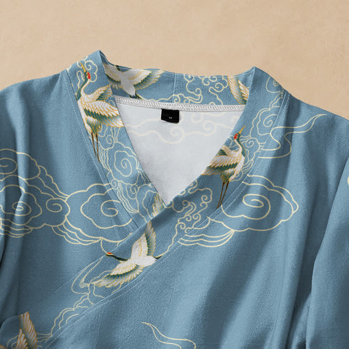 Buddha Stones Cotton Crane Auspicious Cloud Print Wrap V-Neck Lace-up Women's Long Sleeve Shirts - image 2