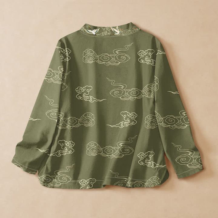 Buddha Stones Cotton Crane Auspicious Cloud Print Wrap V-Neck Lace-up Women's Long Sleeve Shirts - image 6