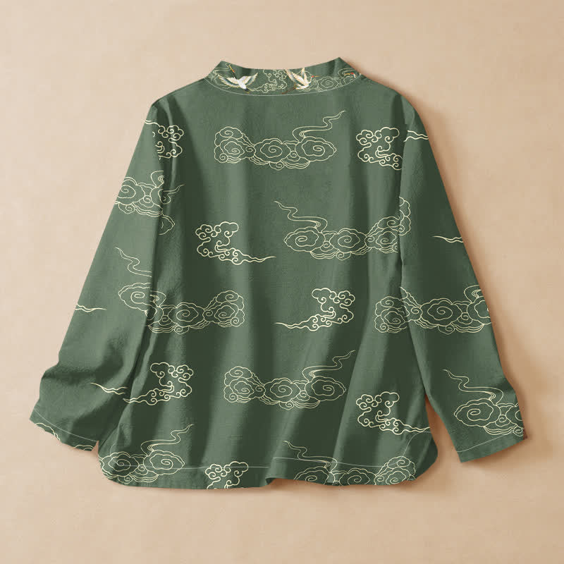 Buddha Stones Cotton Crane Auspicious Cloud Print Wrap V-Neck Lace-up Women's Long Sleeve Shirts - image 8