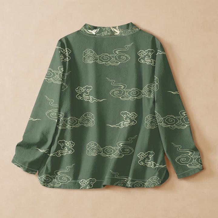 Buddha Stones Cotton Crane Auspicious Cloud Print Wrap V-Neck Lace-up Women's Long Sleeve Shirts - image 8
