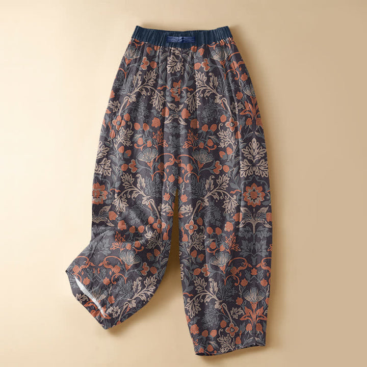 Buddha Stones Pure Cotton Bohemian Floral Vine Pattern Frog Button Women's Elastic Waist Harem Pants With Pockets - SaddleBrown - US16，UK/AU20，EU48 (3XL) - image 0