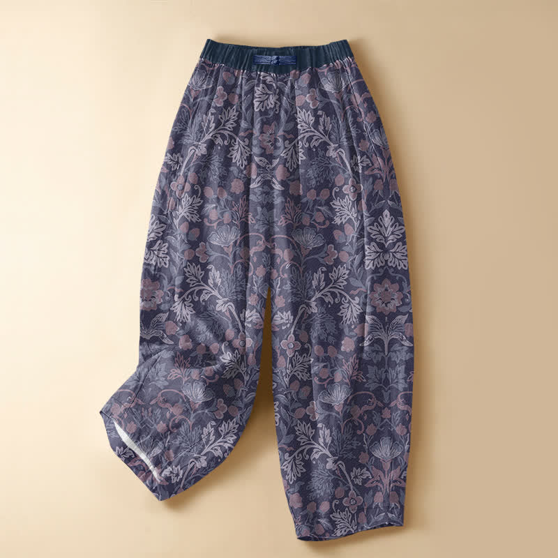 Buddha Stones Pure Cotton Bohemian Floral Vine Pattern Frog Button Women's Elastic Waist Harem Pants With Pockets - Indigo - US16，UK/AU20，EU48 (3XL) - image 5