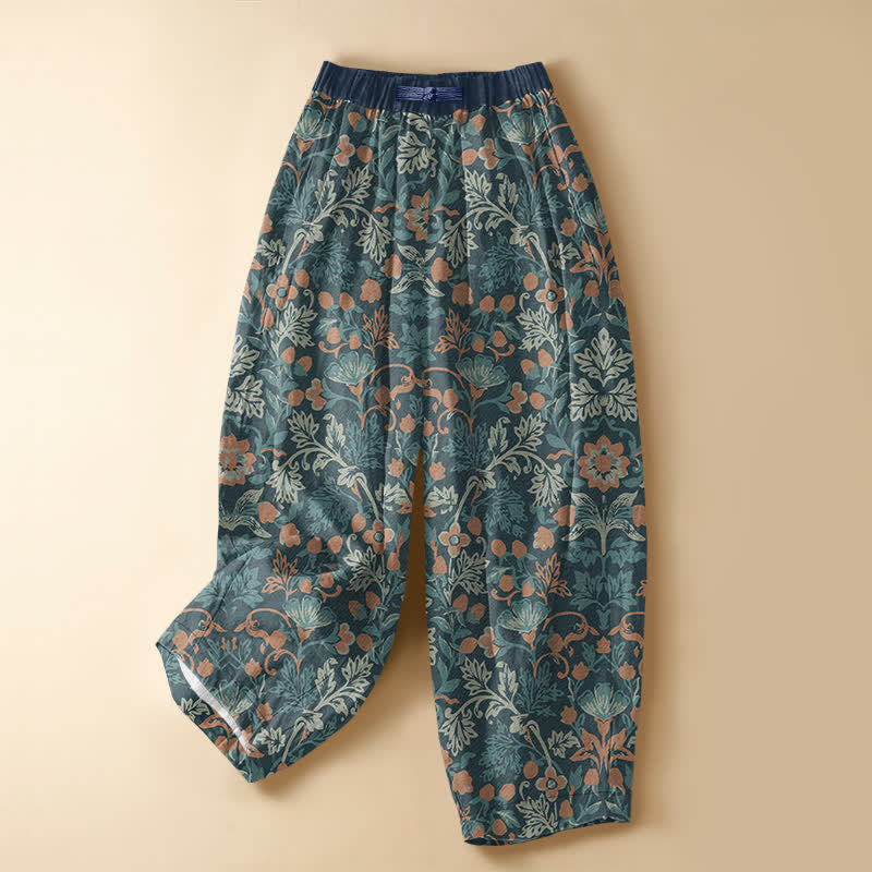 Buddha Stones Pure Cotton Bohemian Floral Vine Pattern Frog Button Women's Elastic Waist Harem Pants With Pockets - Teal - US16，UK/AU20，EU48 (3XL) - image 7