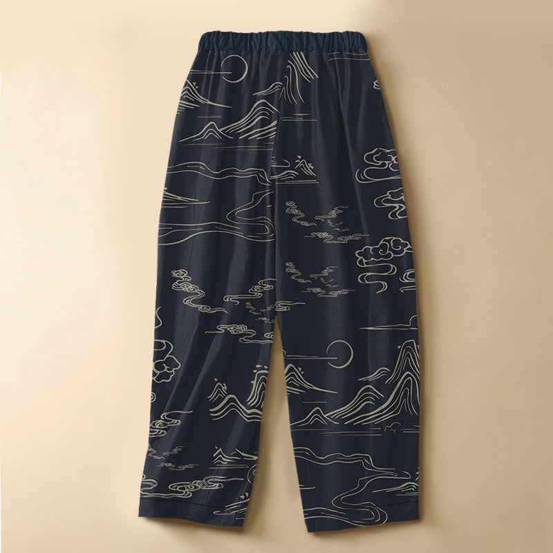 Buddha Stones Pure Cotton Vintage Mountain Cloud Pattern Frog Button Women's Elastic Waist Harem Pants With Pockets - image 1